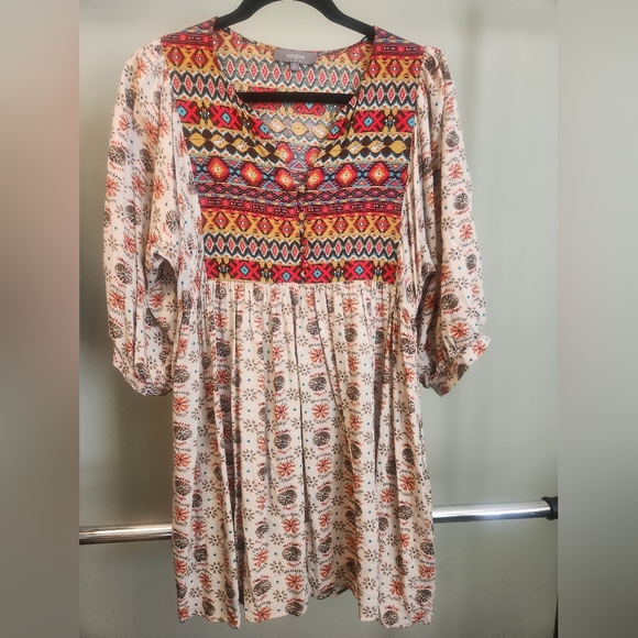 Umgee Free Spirit Southwest Aztec Print 3/4 Length Sleeve Mini Dress Size Medium - Picture 2 of 7